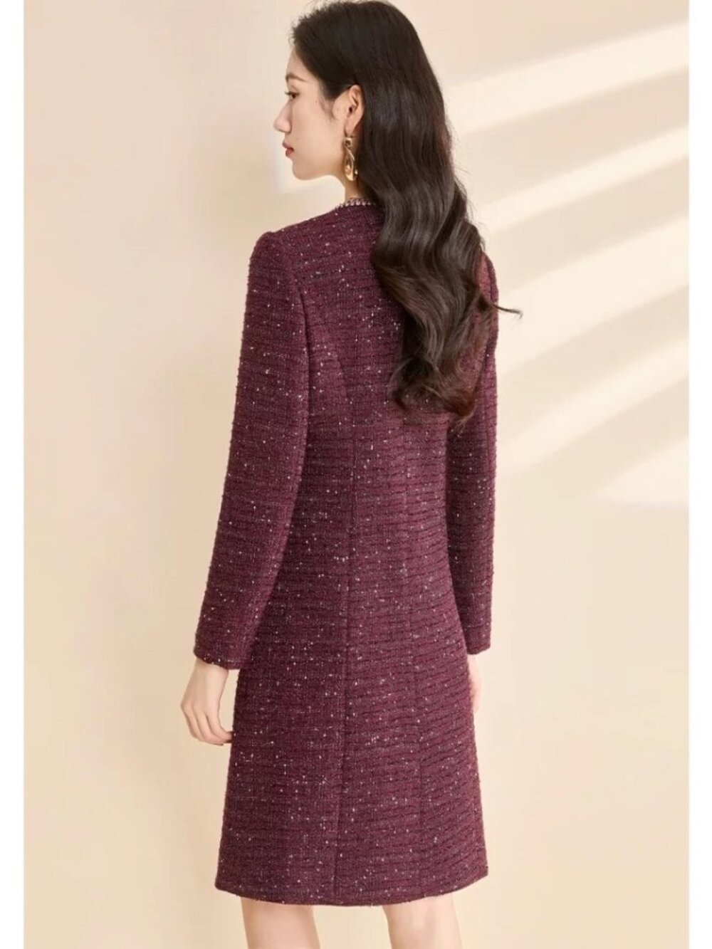 Elegant Burgundy Tweed Long-Sleeve Knit DressGold Button Accents & Pockets
